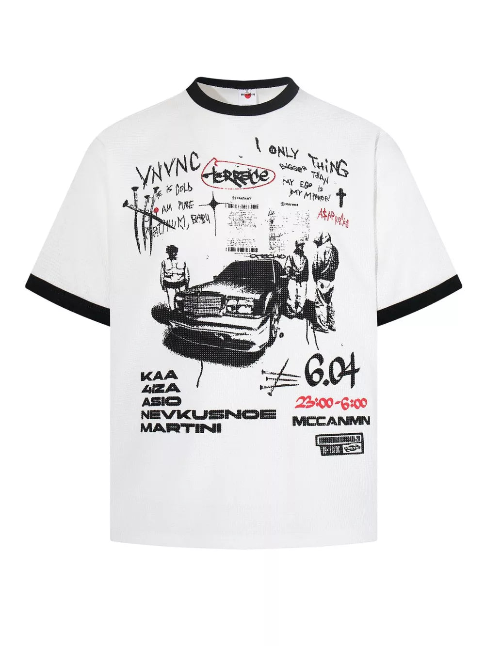 white t-shirt with graphic-print and crew neck