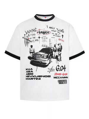 white t-shirt with graphic-print and crew neck