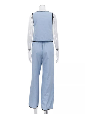 Light blue sleeveless top and wide-leg pants set with black trim