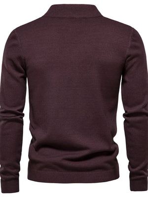 Plum purple ribbed mock neck sweater with long sleeves and a classic fit.