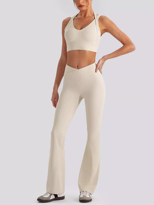 75% nylon, 25% spandex Care instructions: Machine wash cold activewear set in Cream with fitted silhouette