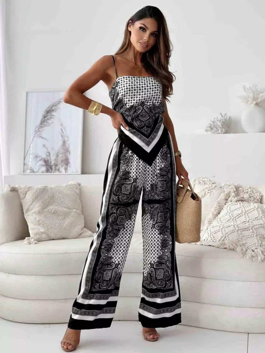 Chic printed cami and wide-leg pants set in black and white paisley and polka dot patterns.