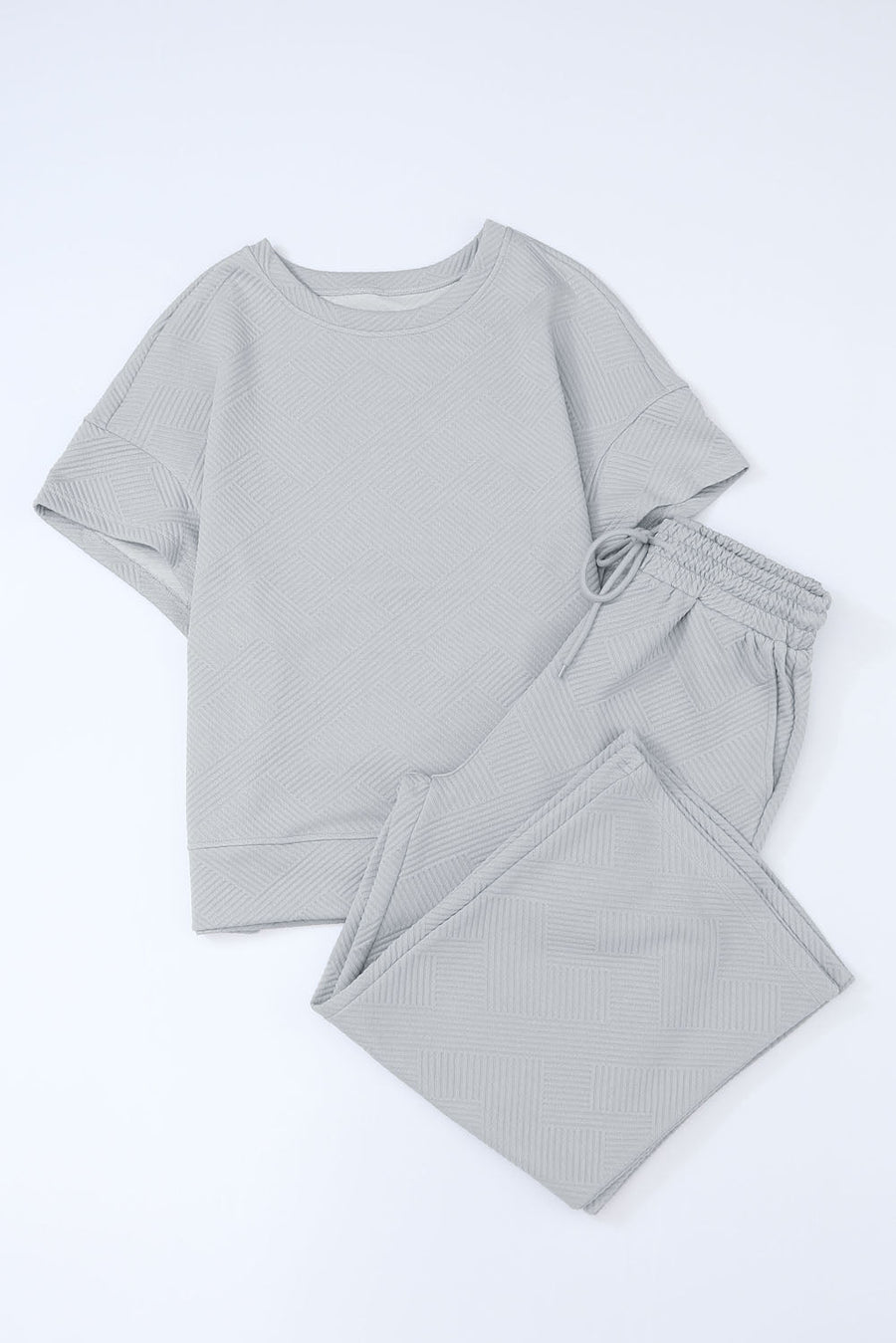 Light gray textured knit tee and wide leg pants set with drawstring waist