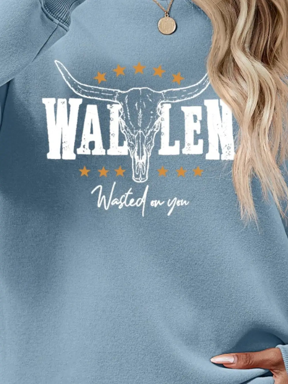 Misty Blue graphic sweatshirt with bull skull and text Wasted on you, drop shoulder, 100% polyester