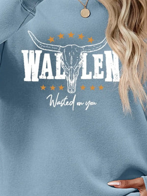 Misty Blue graphic sweatshirt with bull skull and text Wasted on you, drop shoulder, 100% polyester