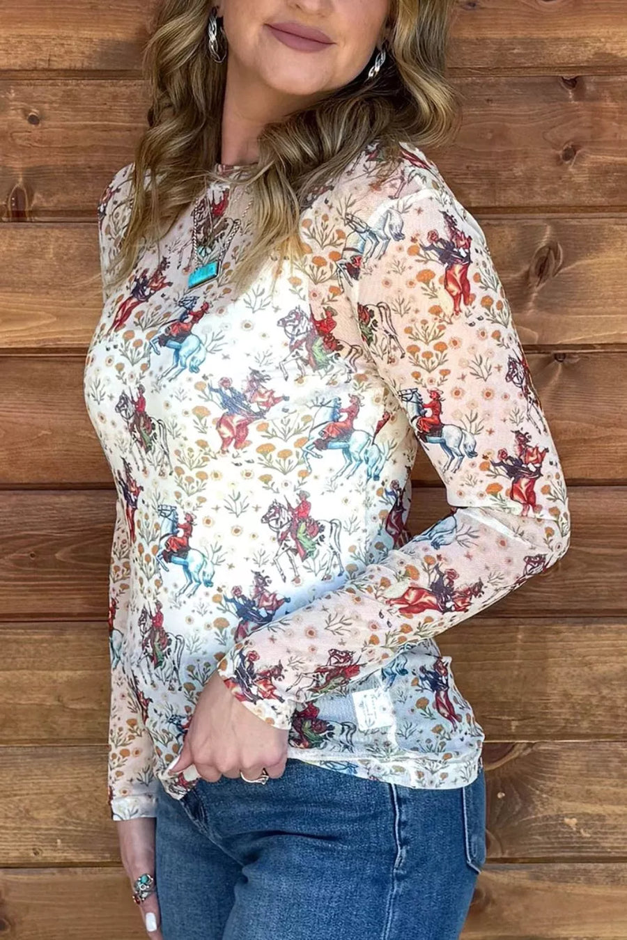 Cowboy Print Mesh Long Sleeve Top in Beige