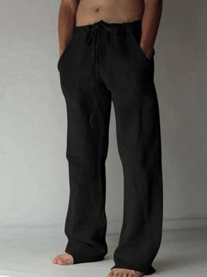 Black linen blend wide-leg drawstring trousers with pockets