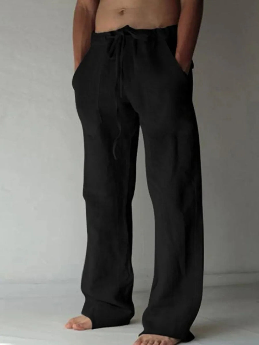 Black linen blend wide-leg drawstring trousers with pockets