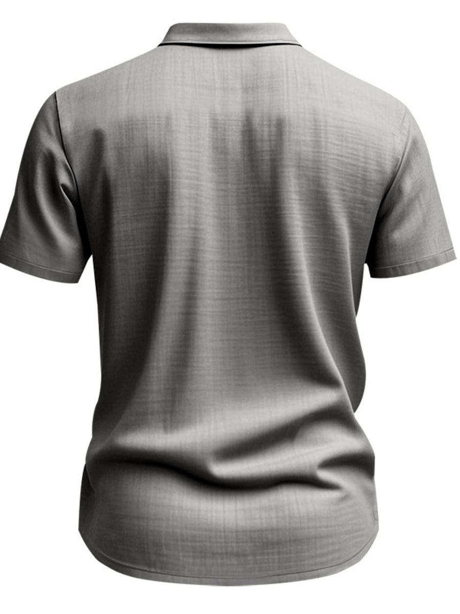 Grey short sleeve button-down shirt with collar and subtle texture