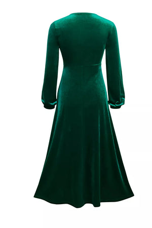 Dark Green with Velvet Balloon Sleeve Maxi Dress in Dark Green