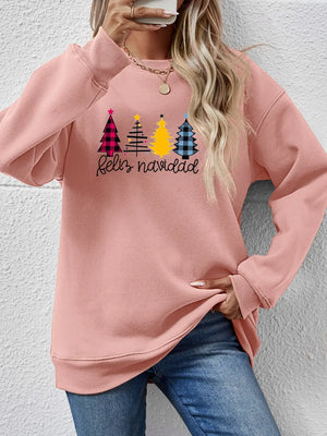 Blush pink crewneck sweatshirt with Feliz Navidad graphic and Christmas trees
