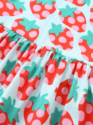 Baby dress with strawberry print, ruffle detail, and cotton fabric.