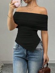 Black asymmetrical ruched off-shoulder top with a draped neckline and handkerchief hem.