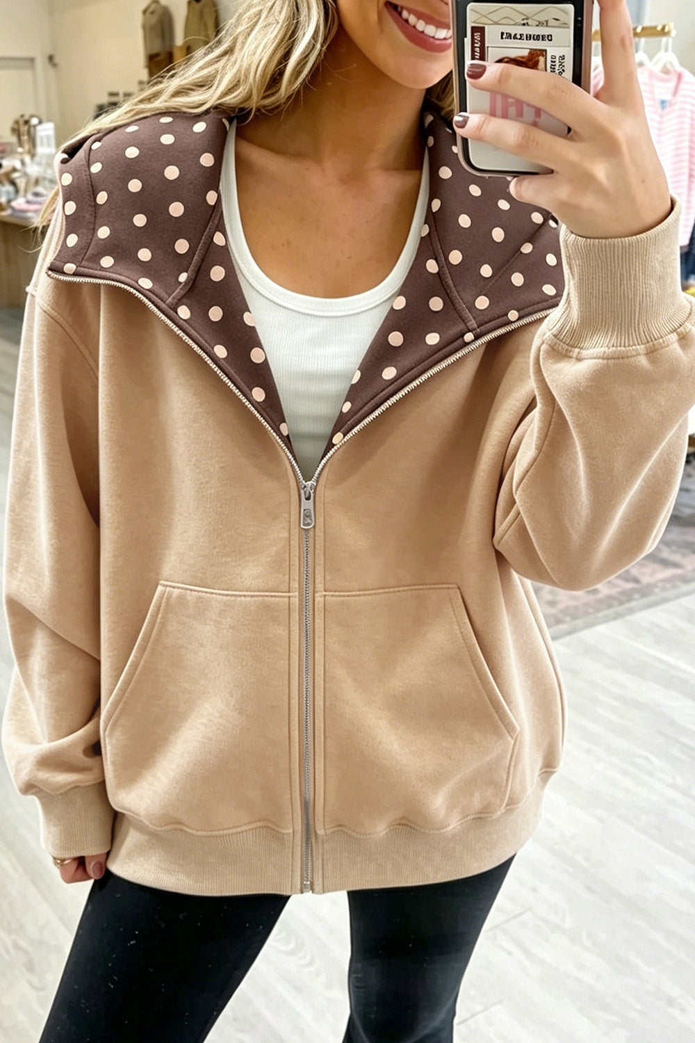 beige zip hoodie with polka dot and hooded