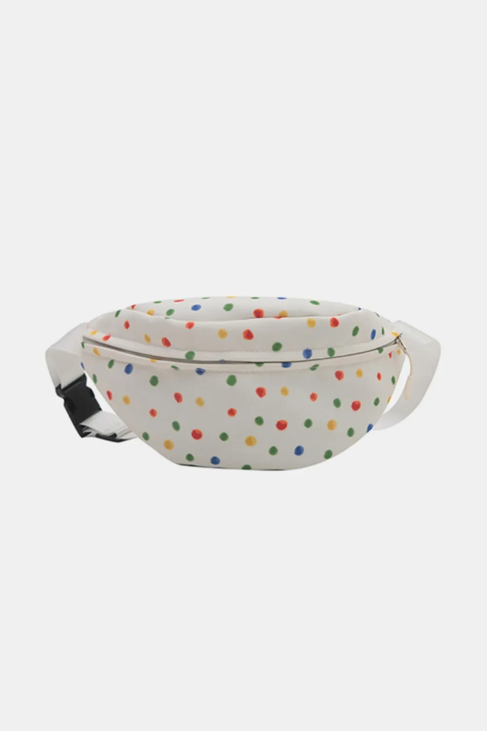 White belt bag with colorful polka dots and adjustable strap
