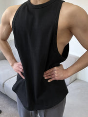 Black sculpted muscle tank top with open sides and crew neck.
