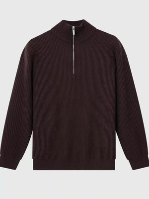 Dark Brown Men's Plus Size Ribbed Half-zip Sweater