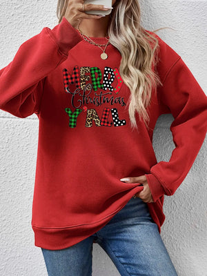 Red crewneck sweatshirt with festive mixed print "Merry Christmas Y'all" graphic.