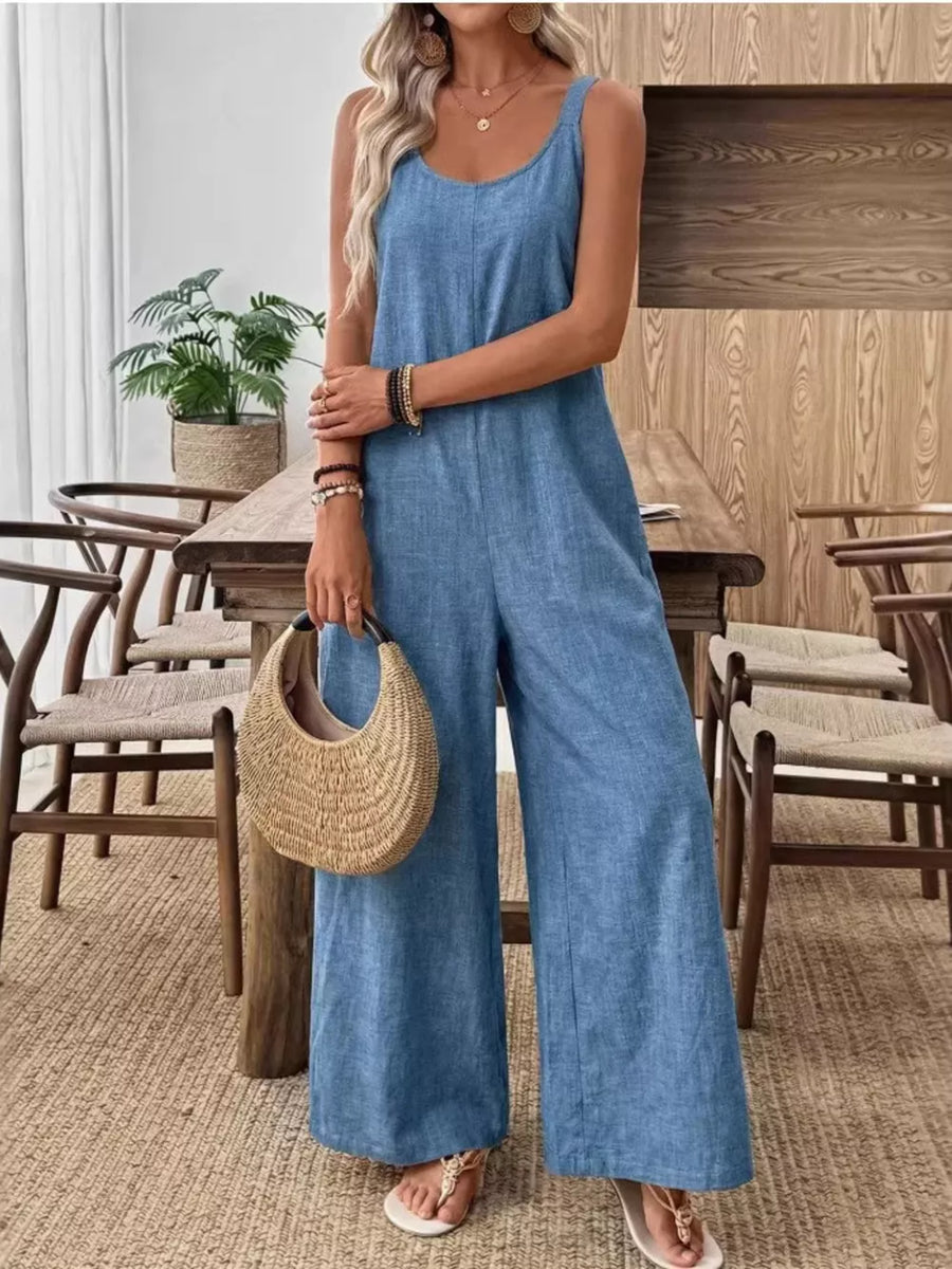 Dusty Blue with Spaghetti Strap Wide Leg Jumpsuit