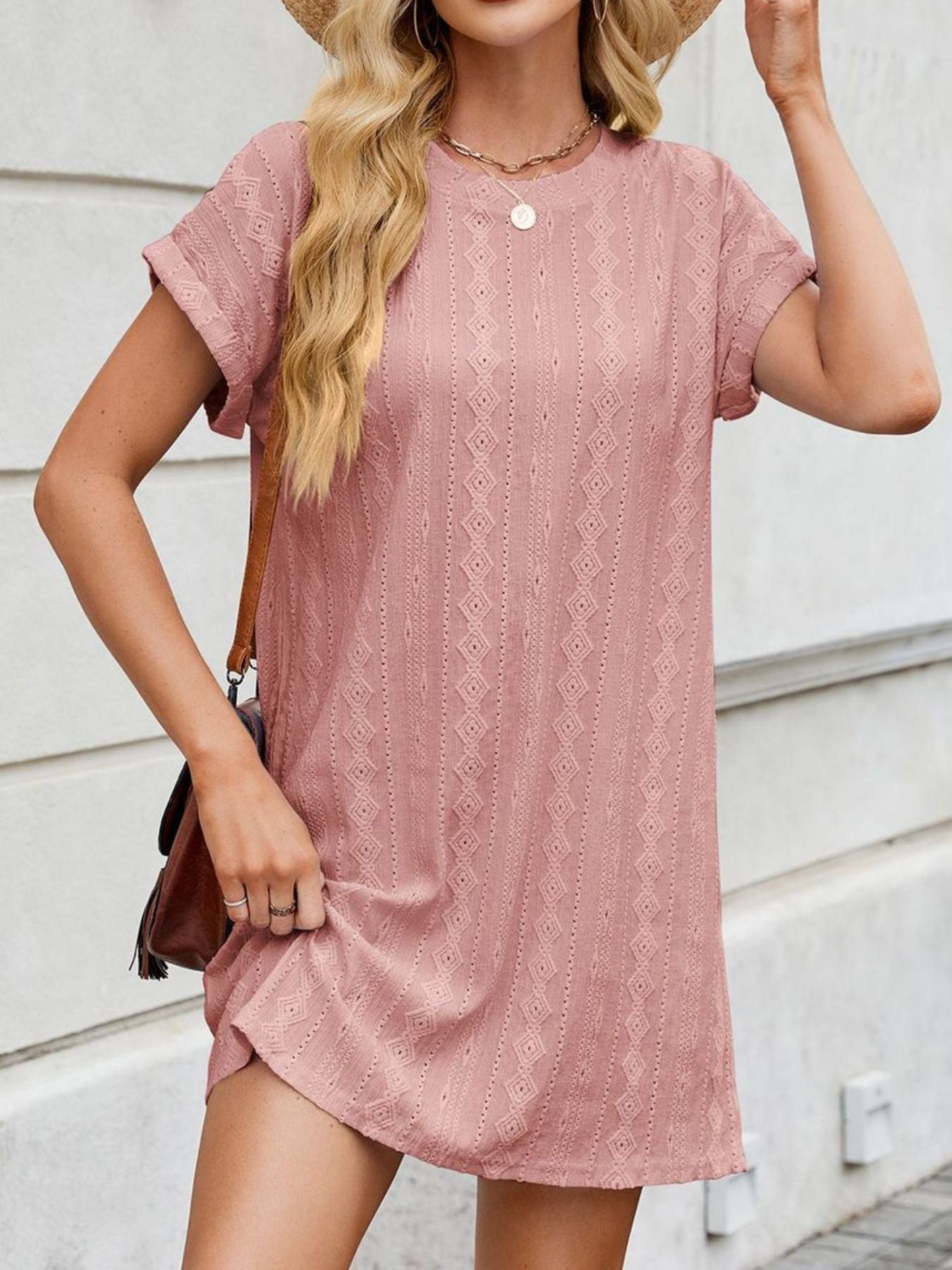 Eyelet mini dress in watermelon pink, a-line, crew neck, diamond pattern