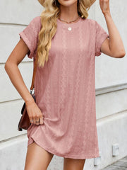 Eyelet mini dress in watermelon pink, a-line, crew neck, diamond pattern