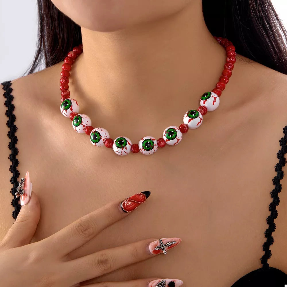 red jewelry set featuring beaded and eyeball