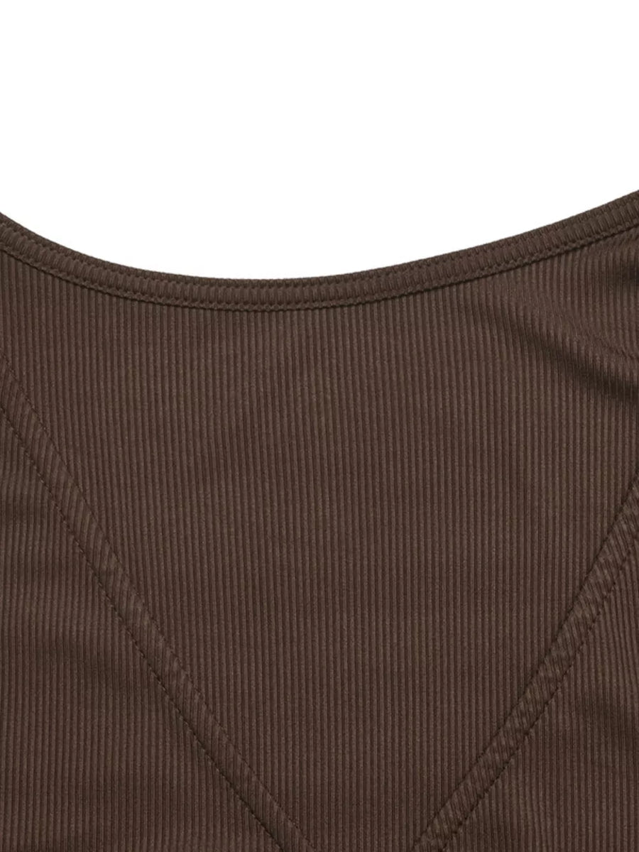 chocolate brown fitted wrap top with v-neck