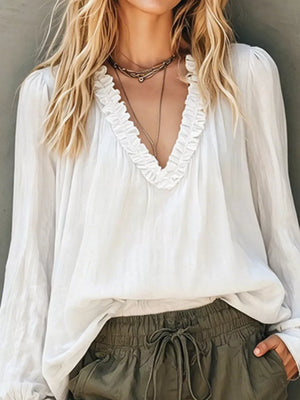 Dusty Pink Frill V-neck Long Sleeve Blouse