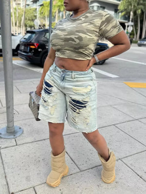 Denim Distressed Denim Bermuda Shorts option 5