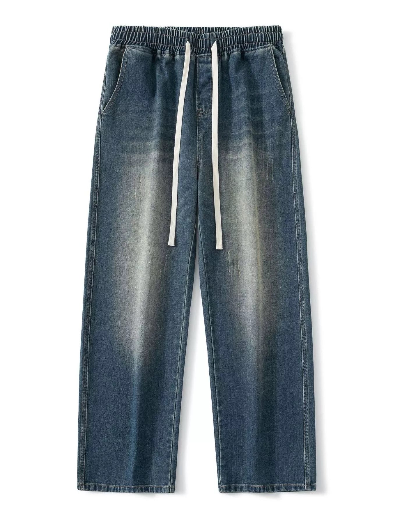 Vintage wash wide-leg jeans in light blue with elastic waistband and drawstring.