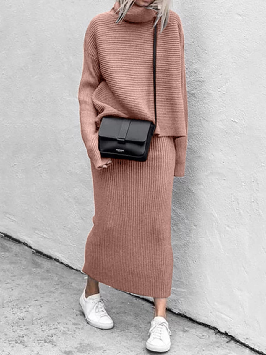 minimalist sweater set in blush pink with turtleneck