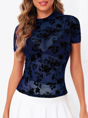 Navy velvet floral mesh mock neck top with short sleeves