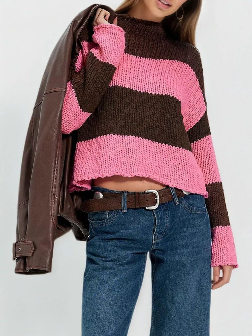 pullover sweater featuring striped in Pink with 100% Acrylic Care instructions: Machine wash cold texture