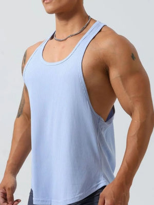 Light blue ribbed racerback tank top for him with a crew neck.