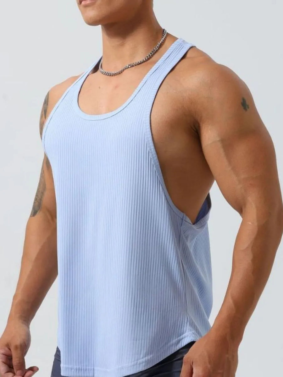 Light blue ribbed racerback tank top for him with a crew neck.