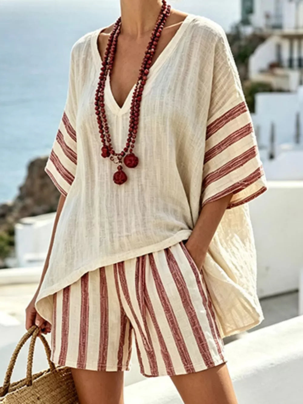 Full Size Striped 3/4 Sleeve Top And Shorts Set in Beige