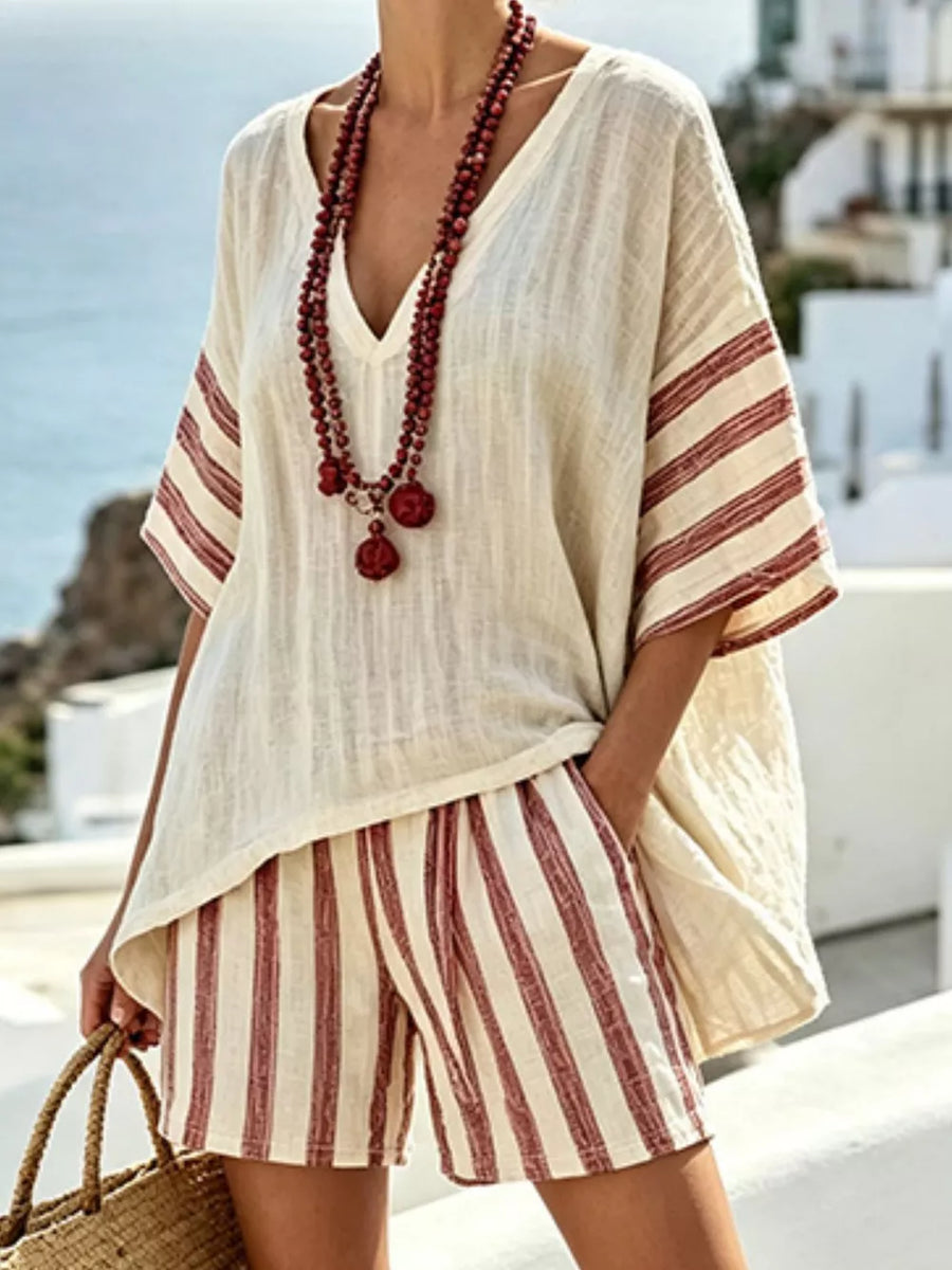Full Size Striped 3/4 Sleeve Top And Shorts Set in Beige