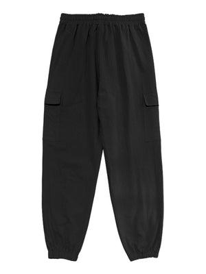 Black cargo pants with elastic waistband, drawstring detail, and side pockets.