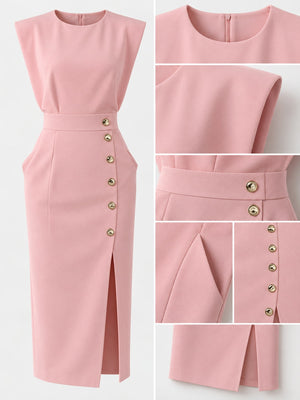 Sleeveless Midi Bodycon Dress With Gold Buttons in Pink