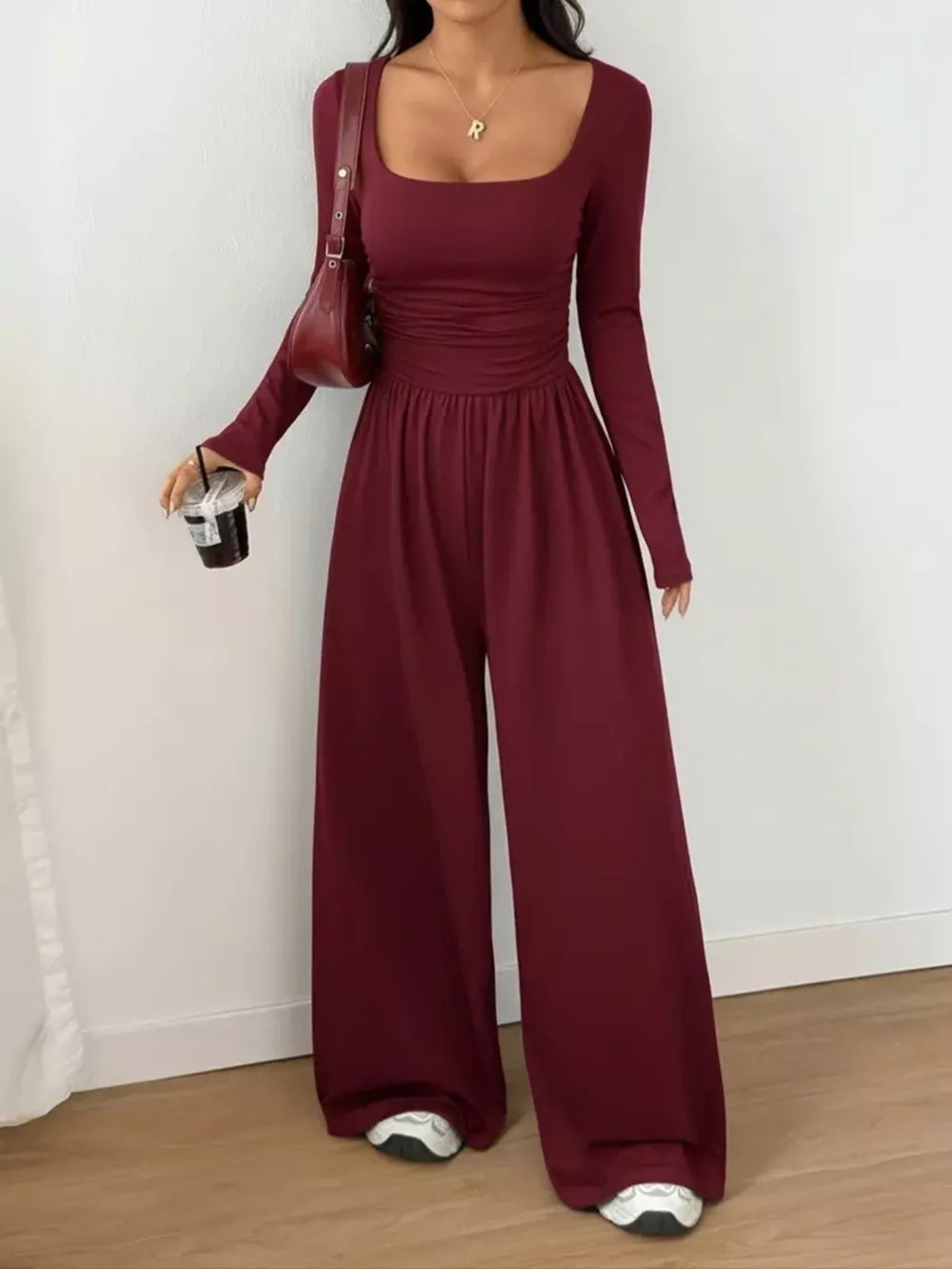 modern jumpsuit in Khaki with scoop neck