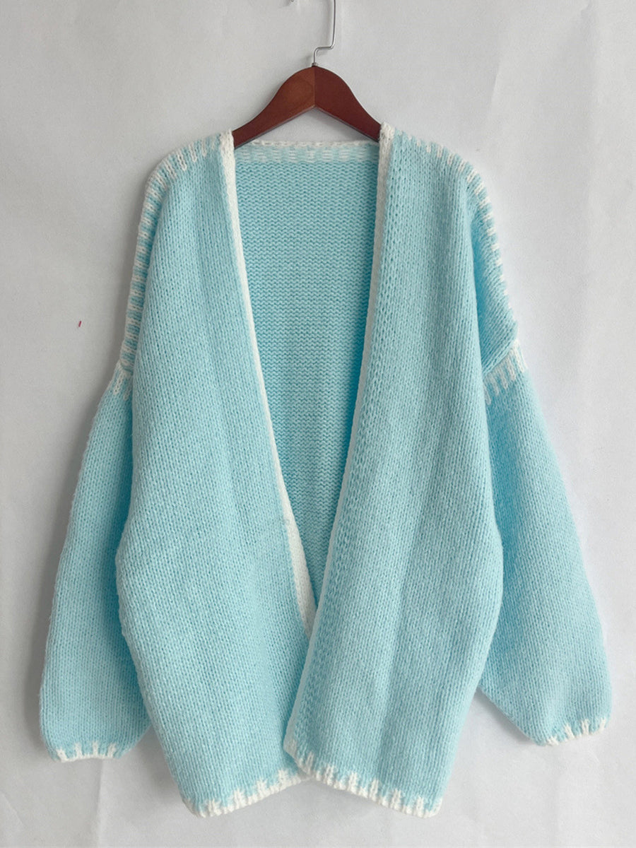 Tiffany Blue knit oversized cardigan with white contrast stitching and open front.