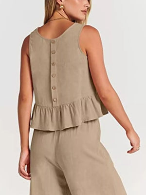 Ruffled Hem Sleeveless Top And Wide-leg Pants Set Plus Size in Army Green