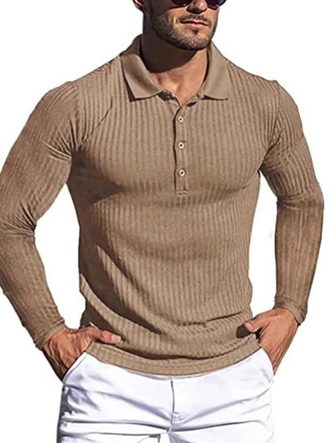 Textured ribbed long sleeve polo shirt in khaki with button placket.