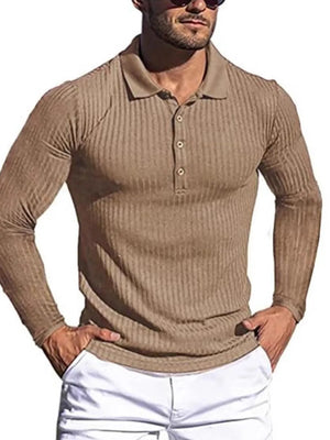 Textured ribbed long sleeve polo shirt in khaki with button placket.