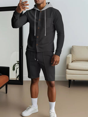 Black Men's Casual Hooded Button-up Shirt And Shorts Set