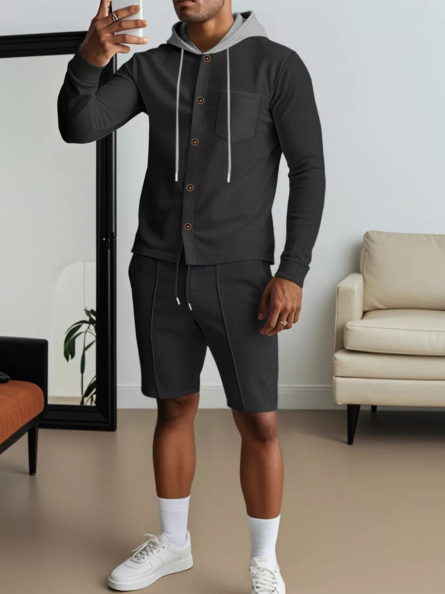 Black Men's Casual Hooded Button-up Shirt And Shorts Set