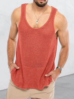 Coral open-knit scoop neck tank top with a relaxed fit.
