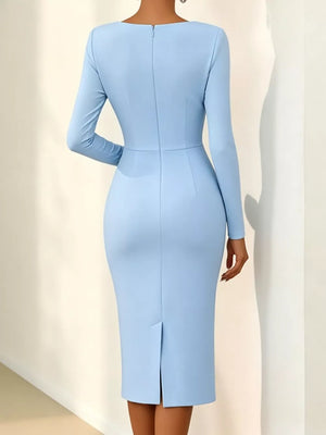 Rose Embellished Asymmetrical Neck Midi Dress in Light Blue