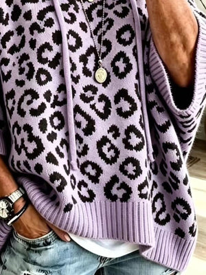 Leopard Print Hooded Knit Sweater in Pink with drawstring