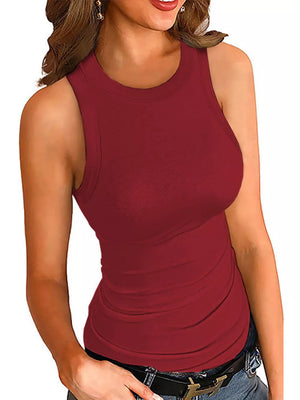Red ribbed fitted round neck tank top with a casual, comfortable style.